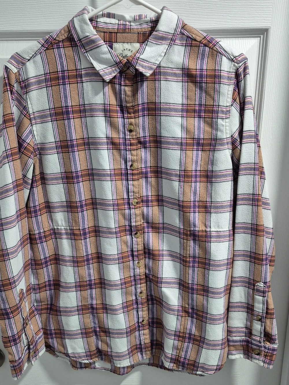 JACHS Girlfriend White, Tan & Purple Plaid Button-Down Shirt